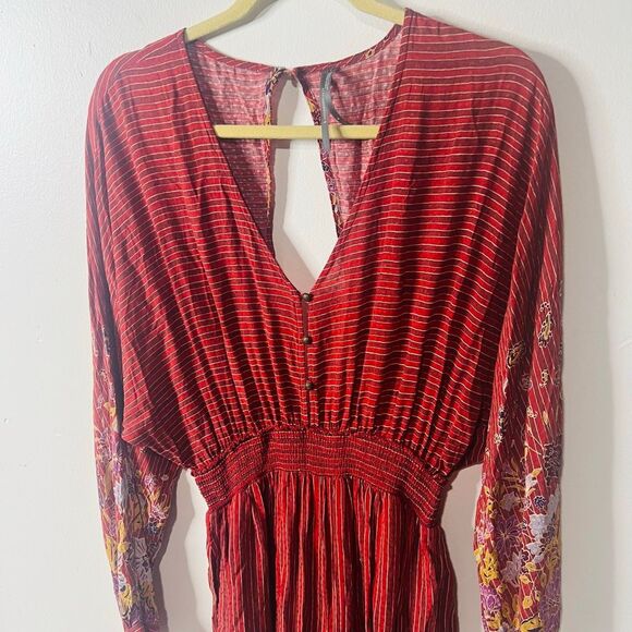 Anthropologie Breezy Open Back Jumpsuit Sz M Burgundy Stripe Floral Pants - Picture 6 of 14